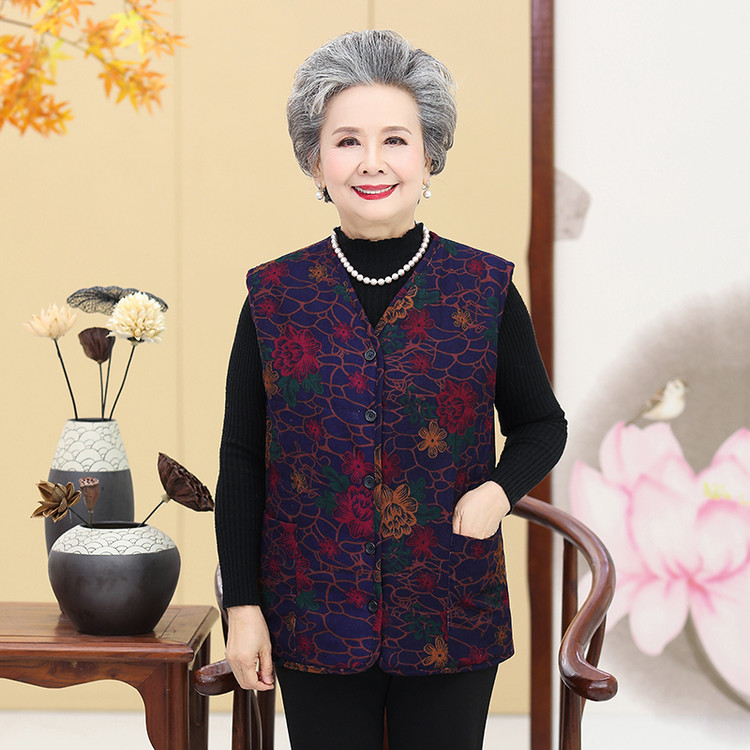 中老年女装加绒保暖马甲V领春秋妈妈装秋冬背心外穿马夹