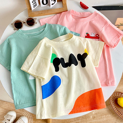 A类纯棉夏季新款洋气女童圆领可爱卡通短袖T恤休闲童装男童上衣