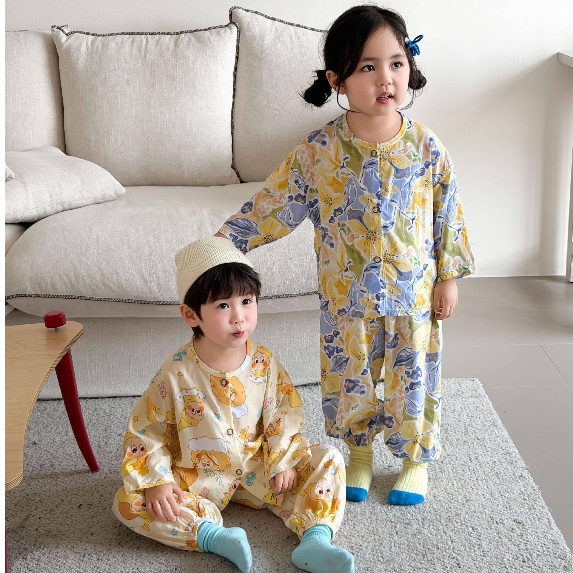 儿童棉绸夏季睡衣男童女童小孩薄款绵绸空调服中童大孩家居服套装