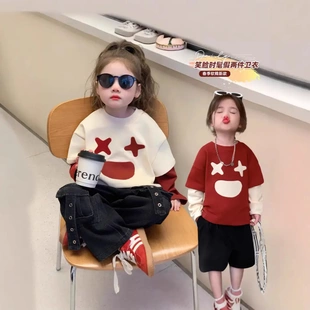 儿童假两件卫衣春季时尚卫衣女童韩版长袖上衣可爱宝宝打底衫T恤