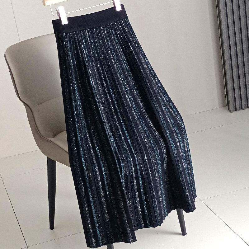 秋冬亮丝针织半身裙高腰垂感A字裙洋气中长款毛线裙百褶裙子长裙