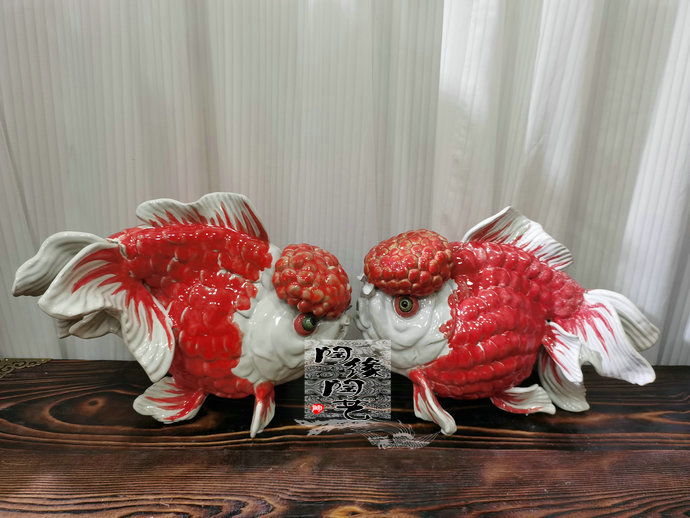 陶瓷工艺品 石湾公仔 金鱼摆件 对鱼 中式家居 玄关电视柜装饰