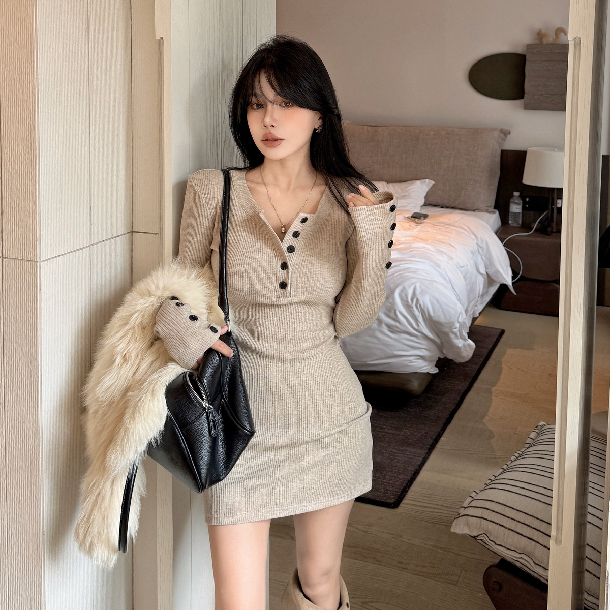 ALA-冬上新韩系小女人洋气百搭巨显瘦加绒磨毛针织连衣裙2290-