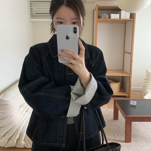 miluroom米鹿牛仔翻领单排扣外套2024年秋季条纹卷边拼接宽松廓形