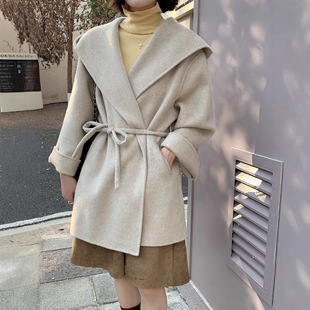 6196海军领连帽双面羊毛大衣女中长款 宽松浴袍羊毛呢 小个子韩版