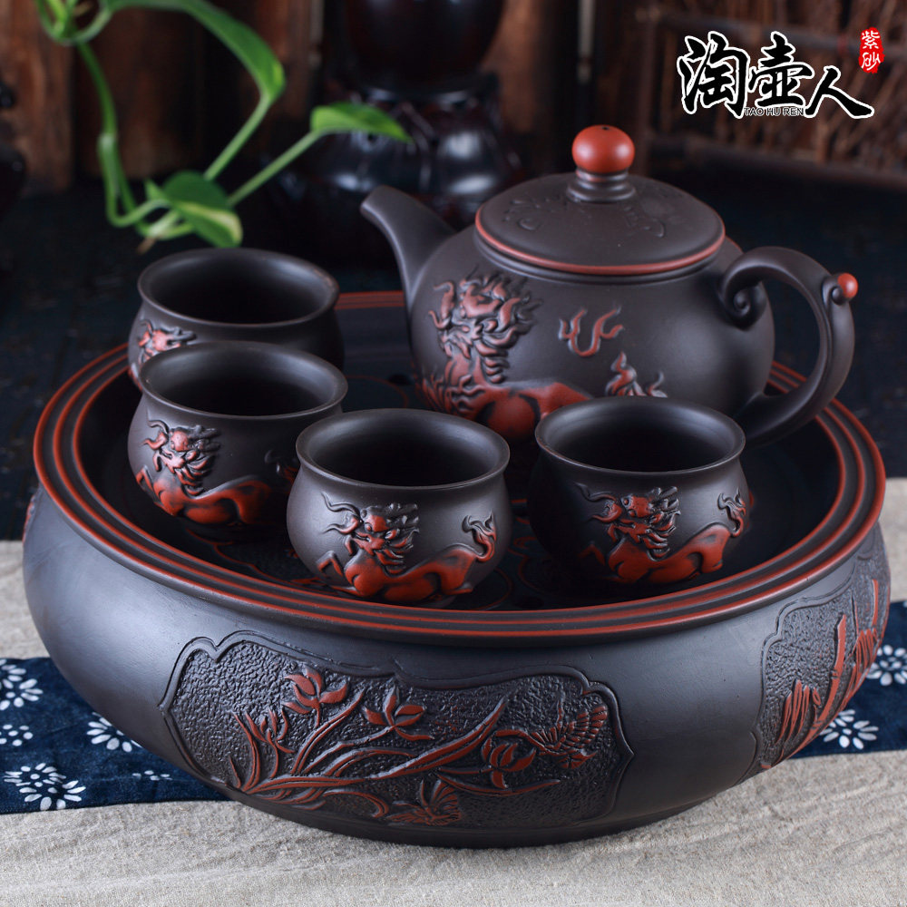 彷古宜兴紫砂茶盘套装 家用陶瓷10寸圆形储水式茶船茶托 托功夫茶