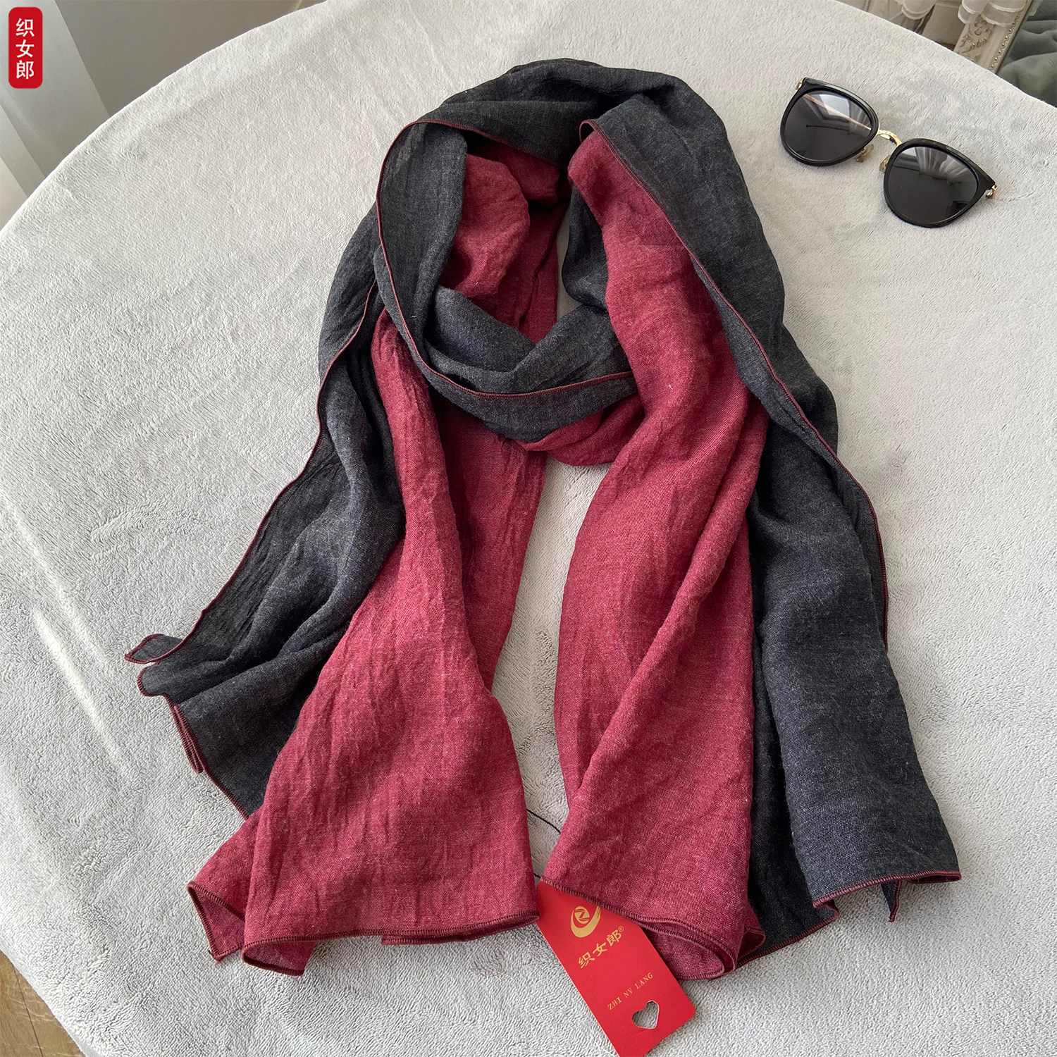 棉麻拼色围巾女春秋冬季韩版披肩两用亚麻丝巾文艺双色拼接长围脖