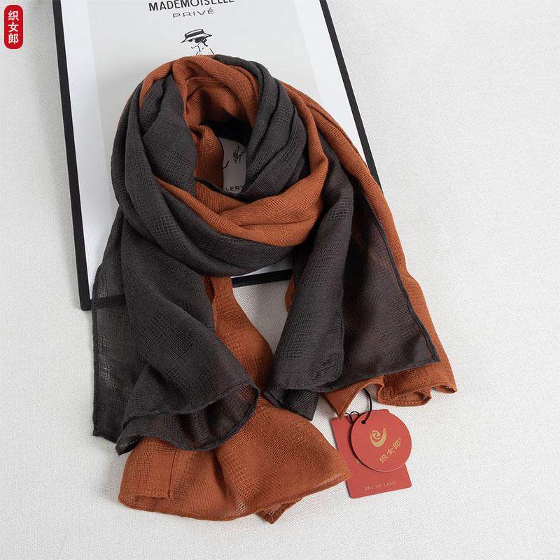 双色拼接围巾棉麻女春秋薄款时尚百搭拼色亚麻丝巾长款披肩围脖冬