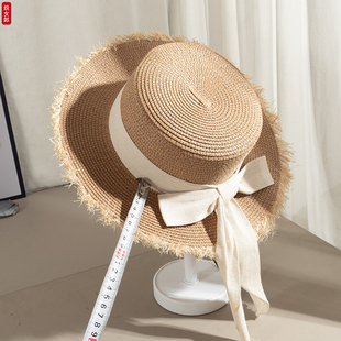 平顶帽女款夏季新款防晒草帽海边旅游拍照沙滩帽子草编平沿遮阳帽