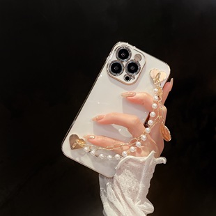 15pro新款 轻奢珍珠手链适用苹果16ProMax 14电镀iPhone13直边16高级感苹果简约小众手机壳全包防摔12保护套女