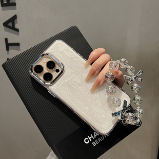 珠光白细闪滴胶带挂链适用iphone16ProMax手机壳苹果15 14硅胶13 12软壳11金属镜头Plus全包防摔保护套女新款