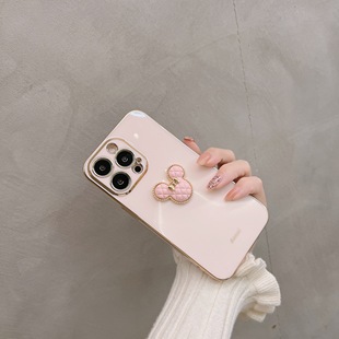 简约格纹米奇电镀帖饰iPhone16 15pro适用苹果iphone14ProMax软胶13创意12Pro 11手机壳高级感防摔保护套女款
