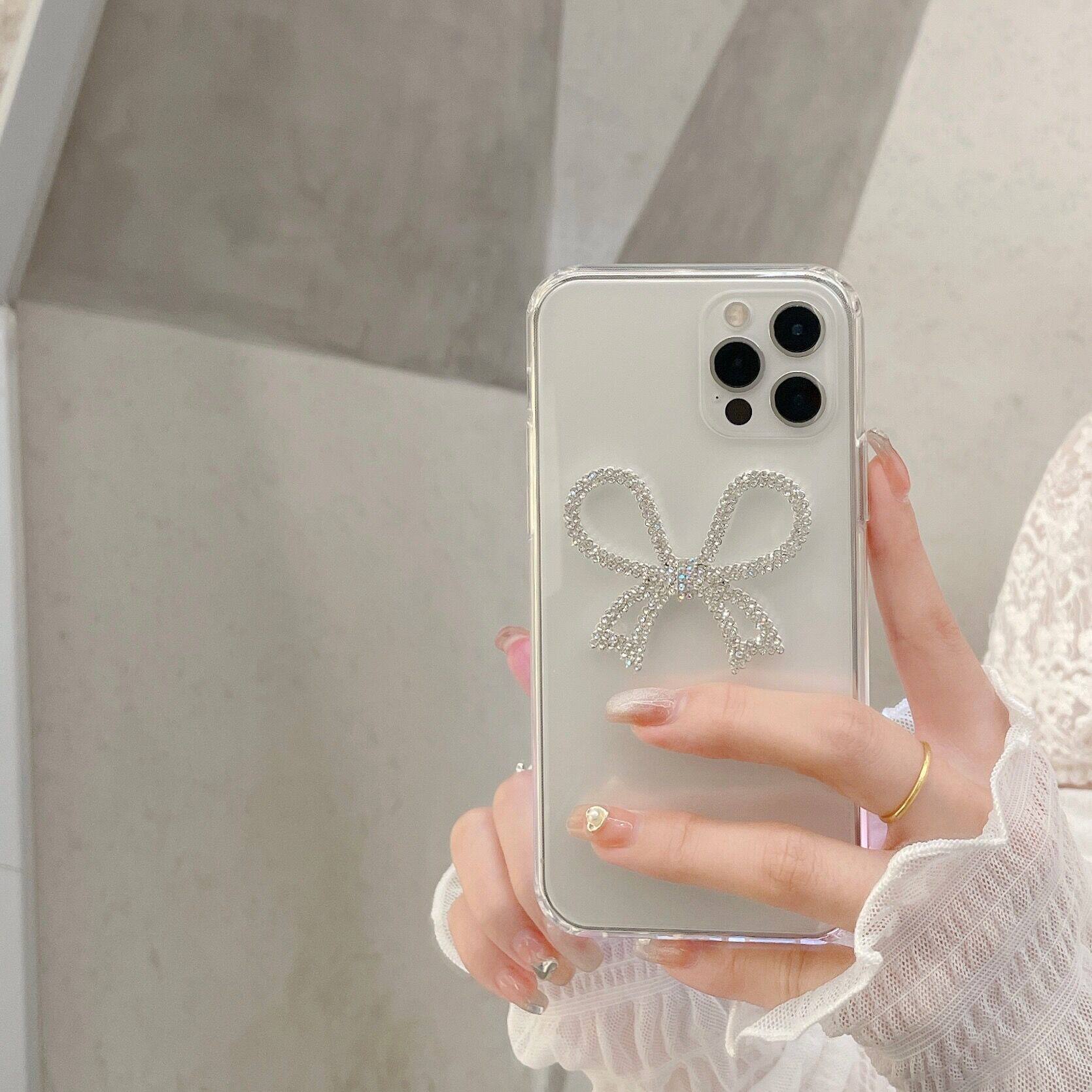 简约透明水钻蝴蝶结苹果适用16/15pro新款14proMax简约高级感手机壳iphone13全包防摔12个性创意保护套网红女