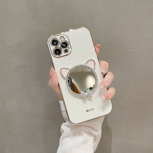 猫耳朵水钻补妆镜子苹果16pro适用iPhone14手机壳新款 11ProMax超薄软硅胶13全包防摔保护套网红女plus