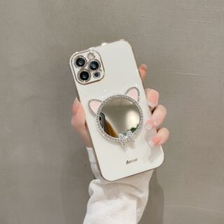 猫耳朵水钻补妆镜子苹果15pro适用iPhone14手机壳新款13/12/11ProMax超薄软硅胶X/XR/XS全包防摔保护套网红女