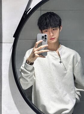 junmanner 金属侧拉链拼接套头卫衣男春季纯色不规则宽松休闲卫衣