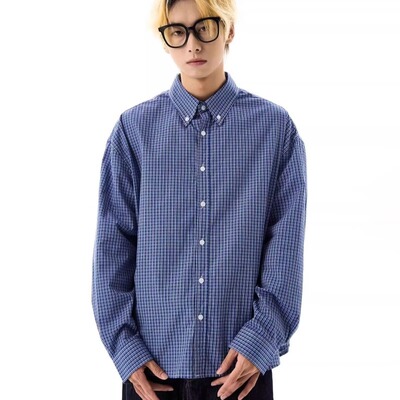 UTIMUS细格纹衬衫蓝色格子小格子色织休闲美式复古长袖衬衣慵懒风