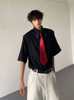 小众高级感极简抗皱顶男垫肩衬衫短袖T恤男夏季痞帅休闲衬衣