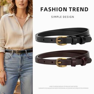复古金扣真皮细腰带女款二层牛皮皮带百搭配牛仔裤衬衫西装裤腰带