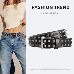 朋克合金铆钉真皮腰带女四方珠金字塔装饰女皮带嘻哈牛仔裤105cm