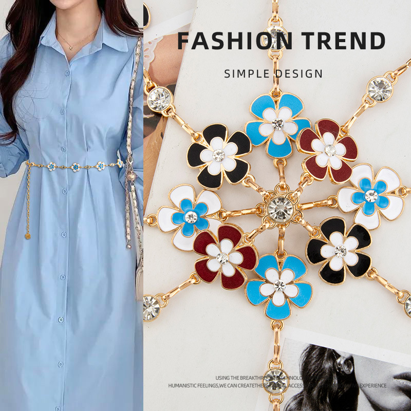 花朵装饰腰链女士金属细腰带时尚水钻糖果色配连衣裙饰品简约