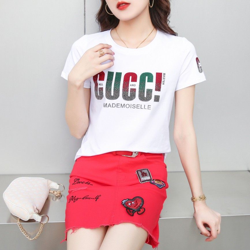 卡玛娅短袖T恤女2025夏季新款休闲百搭纯棉宽松烫钻印花上衣B5005