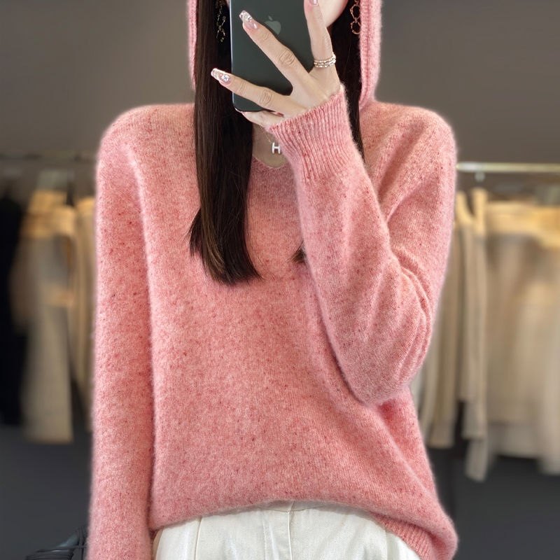 100%纯羊毛连帽帽衫一线成衣内搭外穿女士V领打底羊毛衫宽松帽衫