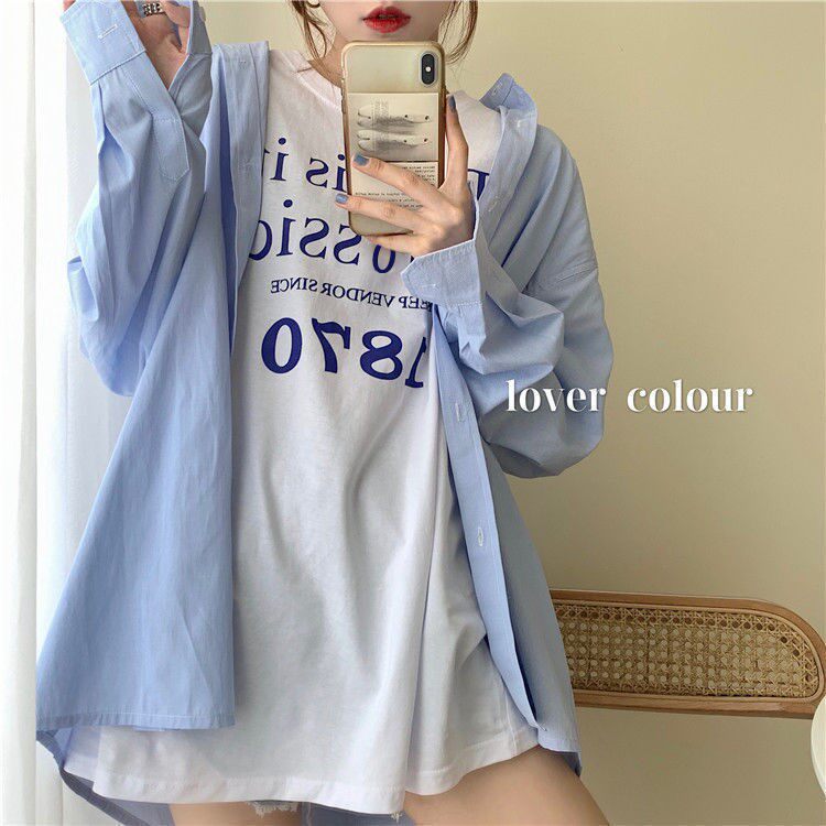 春秋季新款蓝色衬衫女装学生韩版港风长袖宽松显瘦中长款衬衣外套|ruв категории Женская одежда, рубашка - от Buy2taobao.com для оказания профессиональной услуги покупки агента Taobao