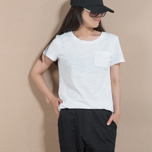 【偶遇陆家】2018夏季新款简约百搭纯色口袋圆领短袖T恤女