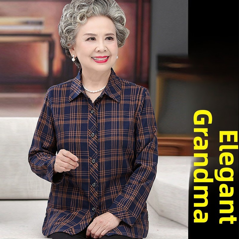 奶奶秋装纯棉格子衬衫中老年女装老太太上衣60多岁70妈妈全棉衬衣