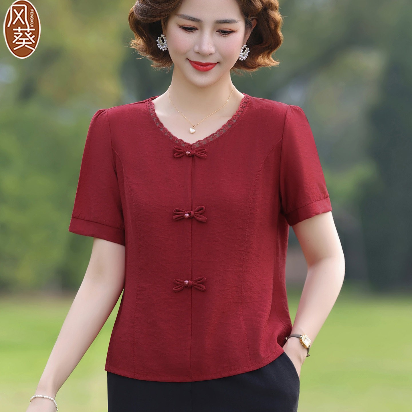 喜婆婆婚宴装礼服上衣裤子2026新款小个子妈妈夏棉麻短袖小衫套装