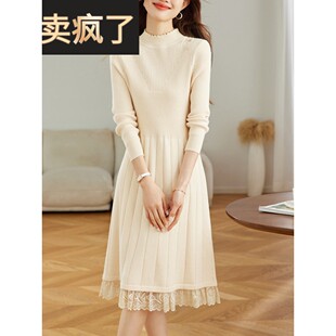 2025新款米白色针织连衣裙女士秋冬中长款式与大衣底裤蕾丝针织连