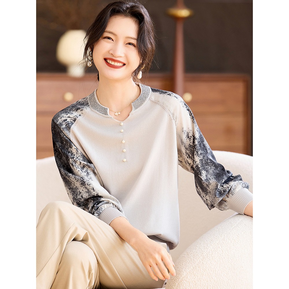 喜卉妈妈秋装纱袖针织上衣服洋气减龄中老年女装夏季薄款打底小衫
