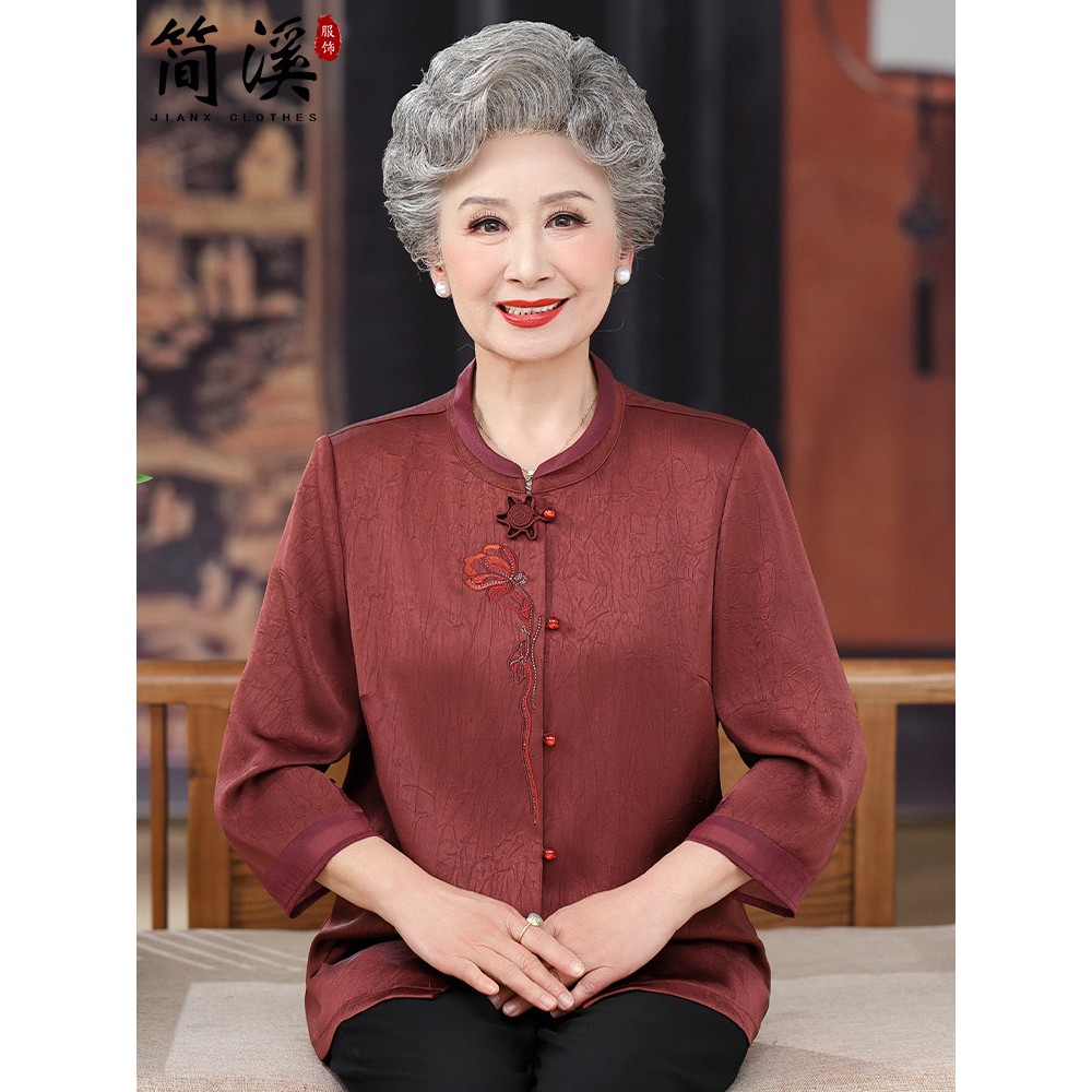 简溪老年人夏装上衣女奶奶秋装衬衫妈妈薄款唐装衬衣老人喜庆衣服