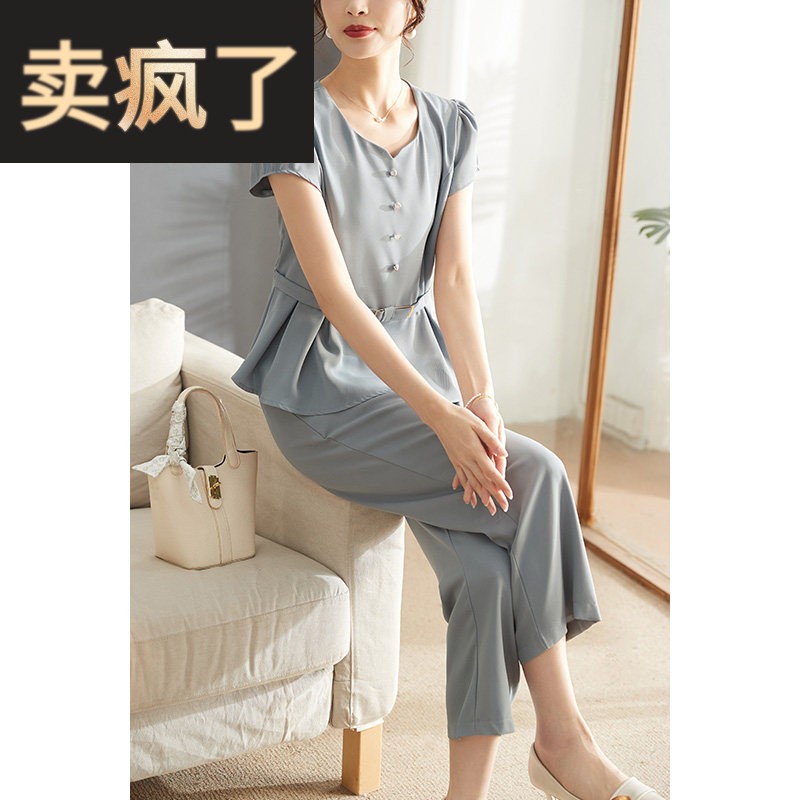 妈妈夏装套装时尚洋派上衣2026新款中老年女装宽松雪纺衫两件套