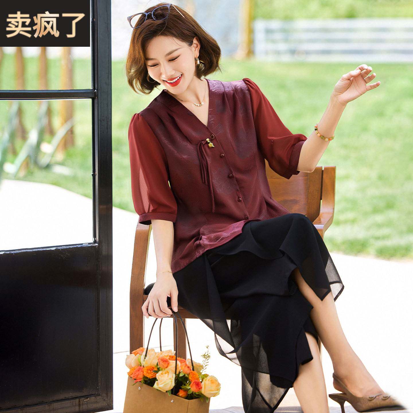 妈妈洋气雪纺短袖衬衫中年女装夏装新款红色上衣服中老年国风套装