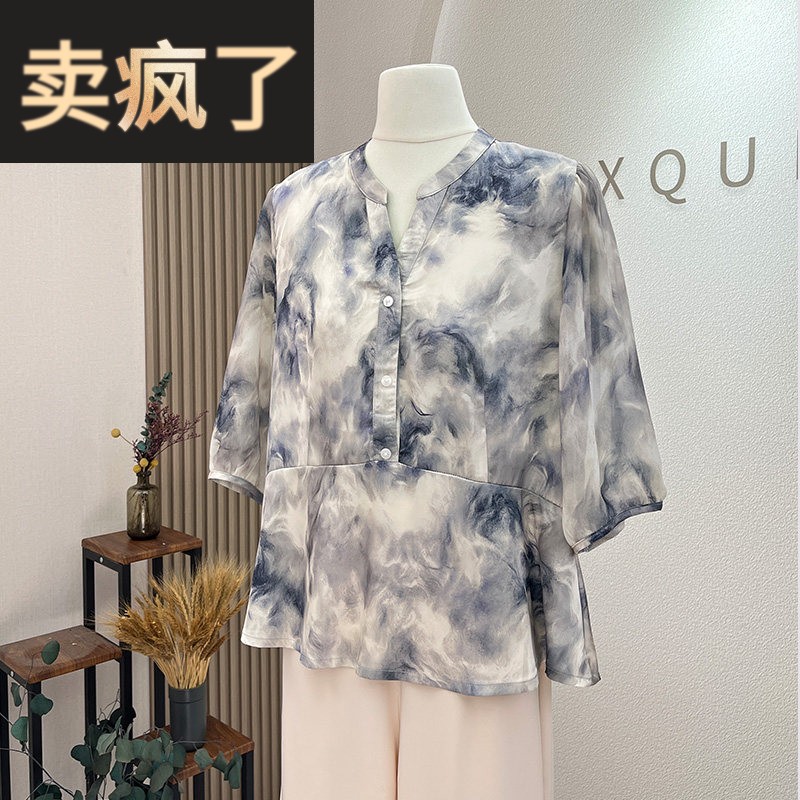 小个子妈妈夏装洋气短袖雪纺衫中老年时尚女装夏季宽松大码T恤