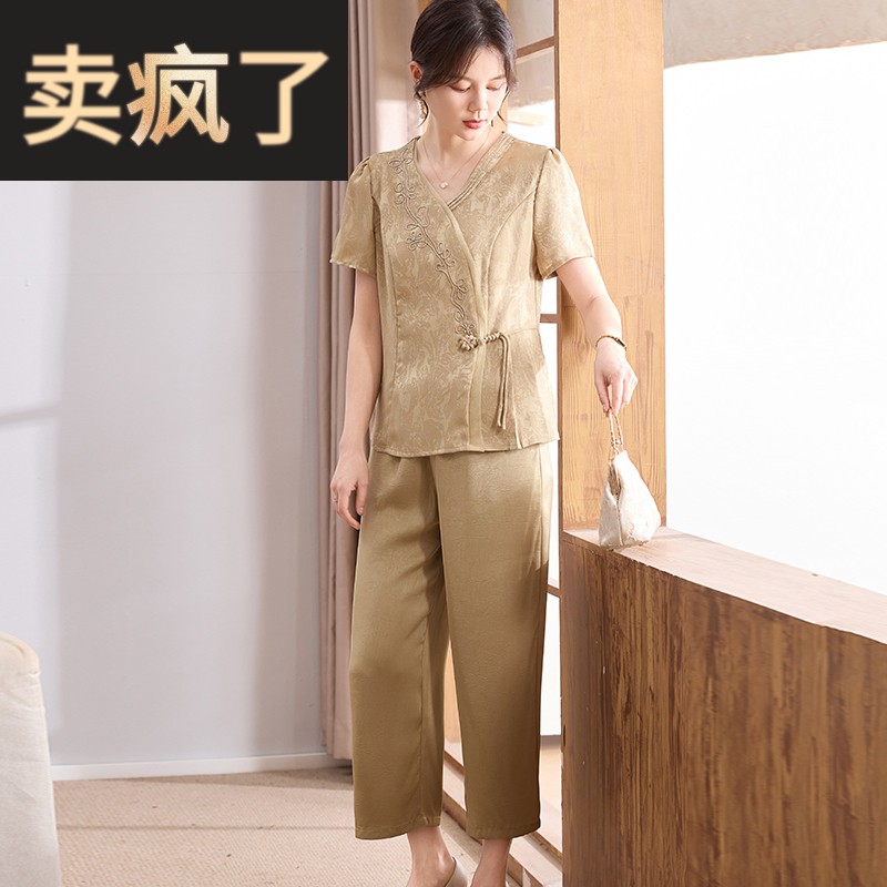 喜卉妈妈夏装气质国风套装2025新款中老年女装新中式上衣服两件套