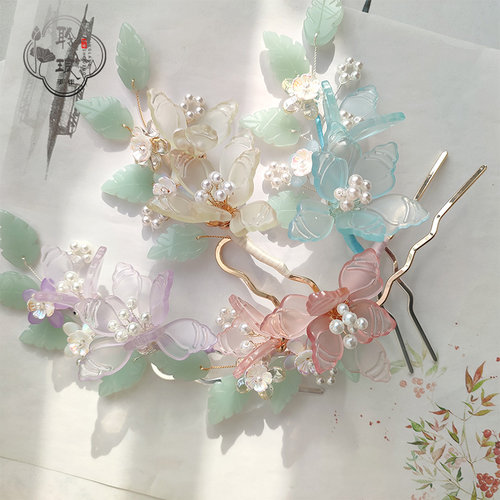 琉璃花朵发钗发饰古风