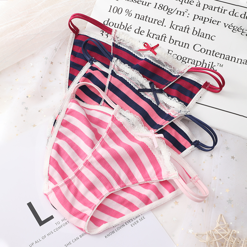 低腰系带纯棉裆蝴蝶结条纹三角裤