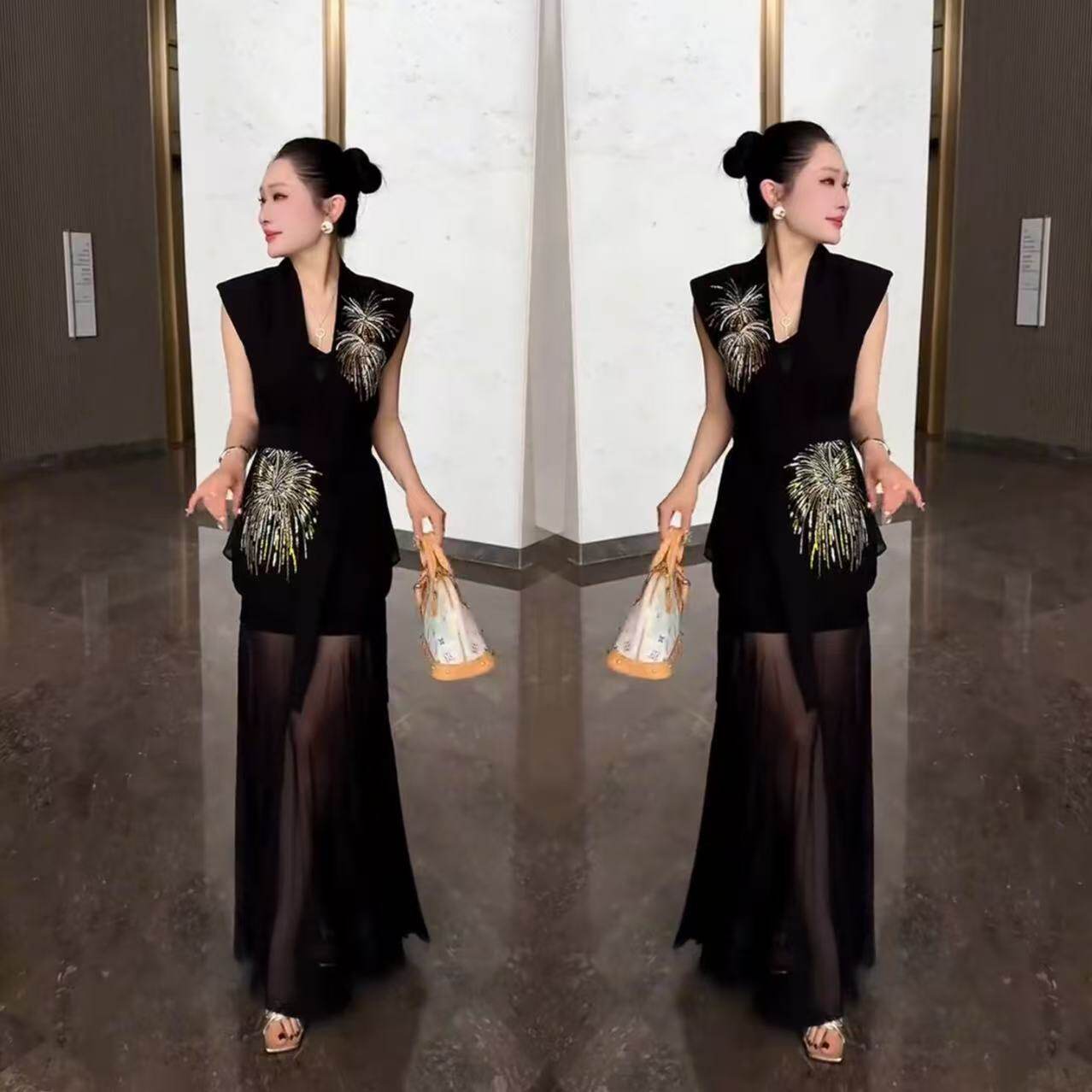 2025夏季网红新款时尚高级感精致轻奢气质女装烟花马甲搭配半身裙