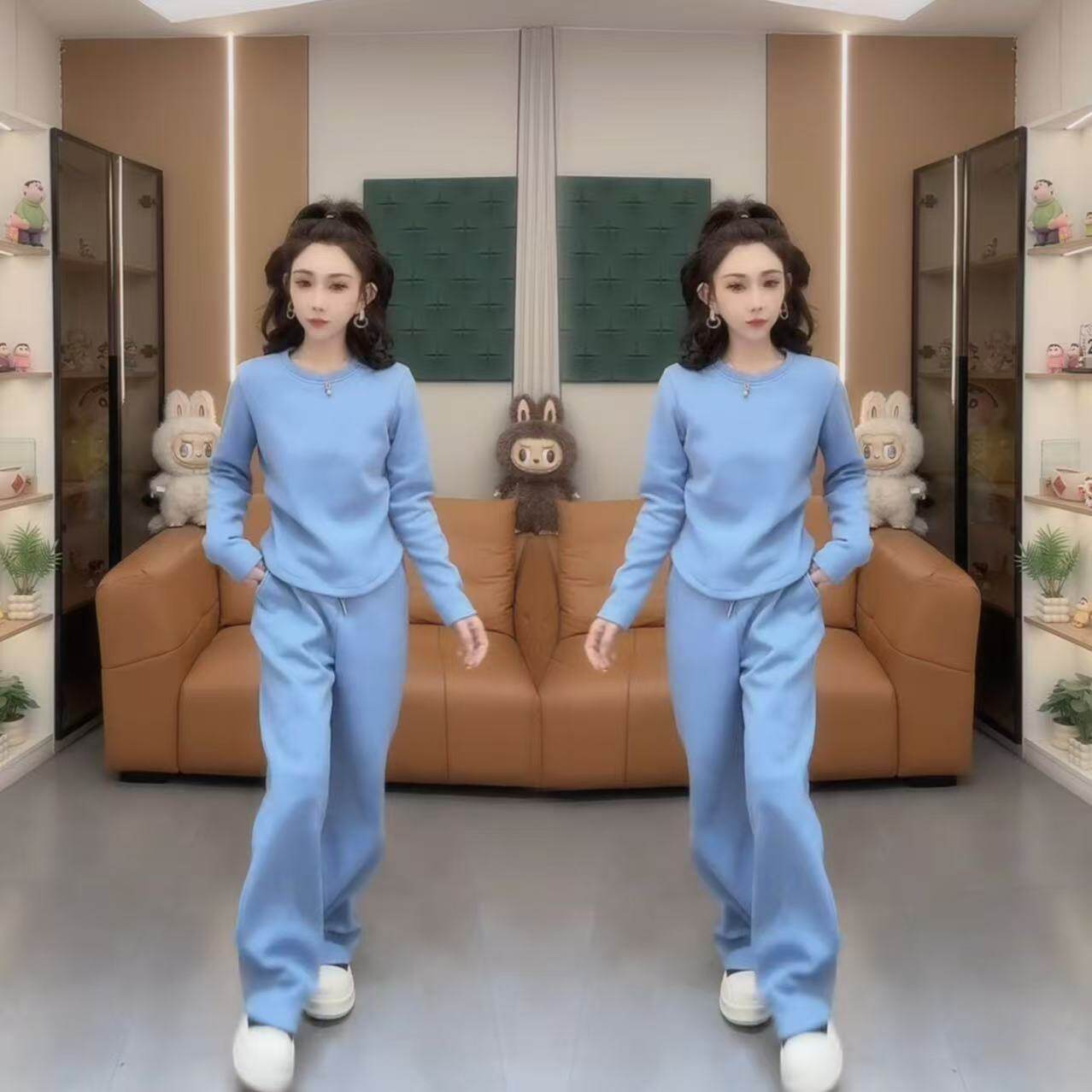 2025冬季网红新款时尚套装女欧货减龄蓝色加绒小衫阔腿裤两件套女