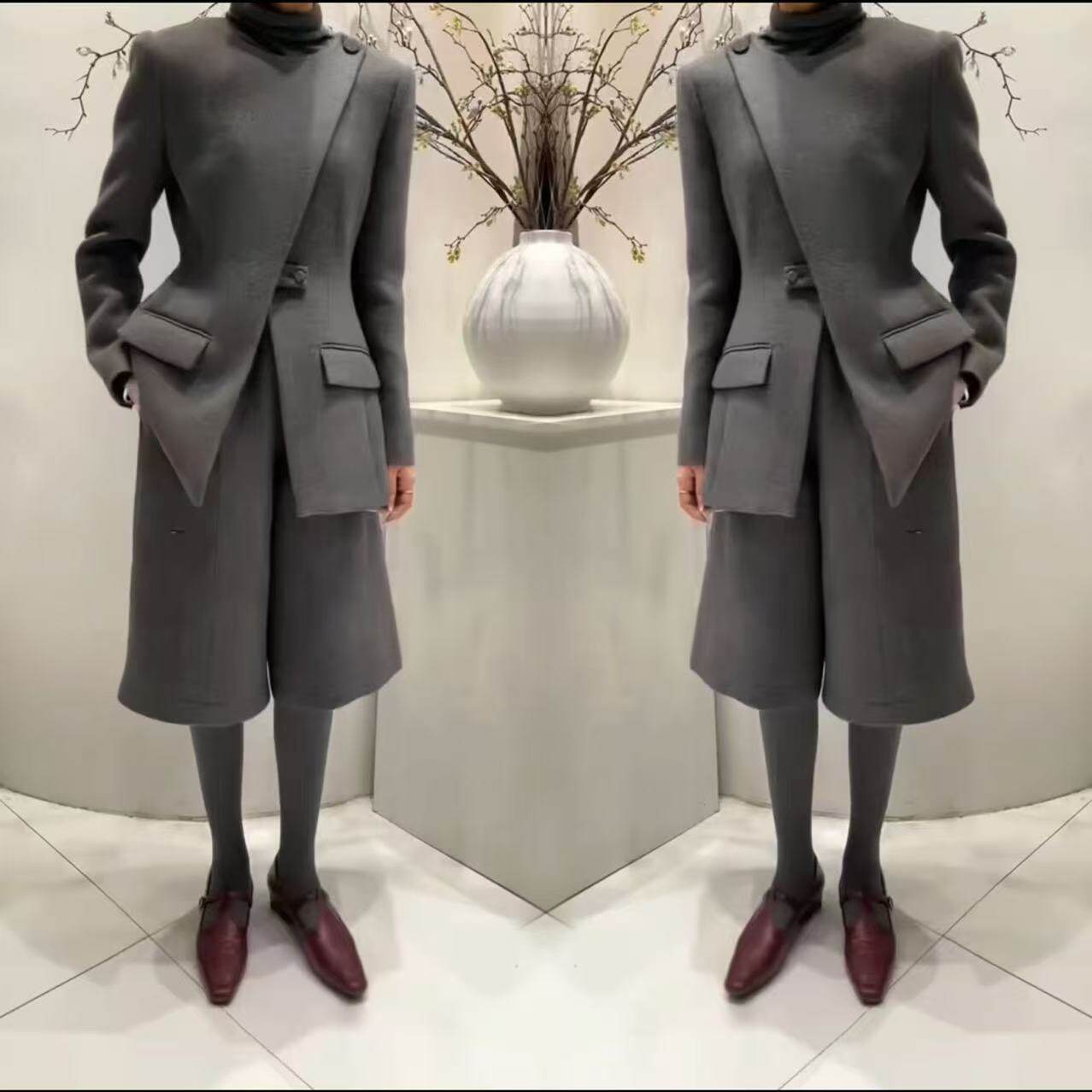 2026春秋网红新款时尚毛呢套装女韩系灰色收腰显瘦外套七分阔腿裤