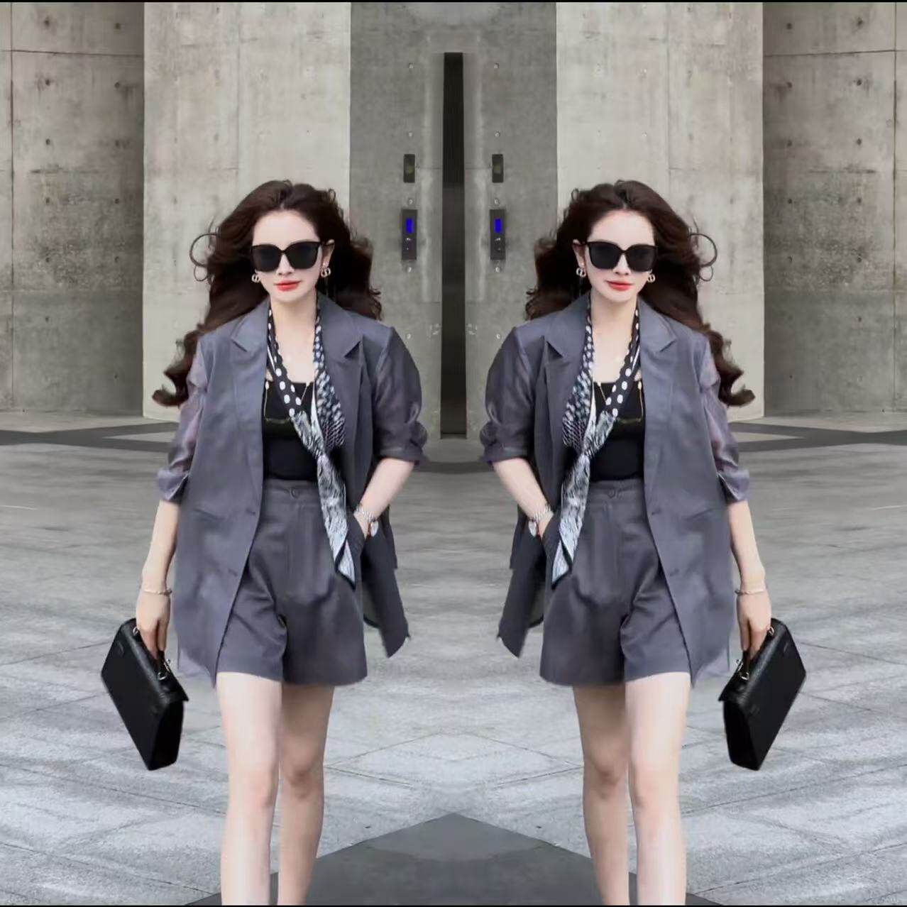 灰色薄款西装短裤套装女时尚洋气2025夏季新款穿搭一整套高级女装