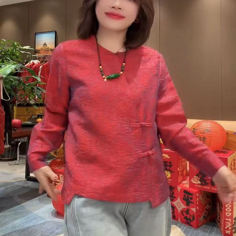 2026早春网红新款女装新年款红色上衣女新中式国风复古盘扣打底衫