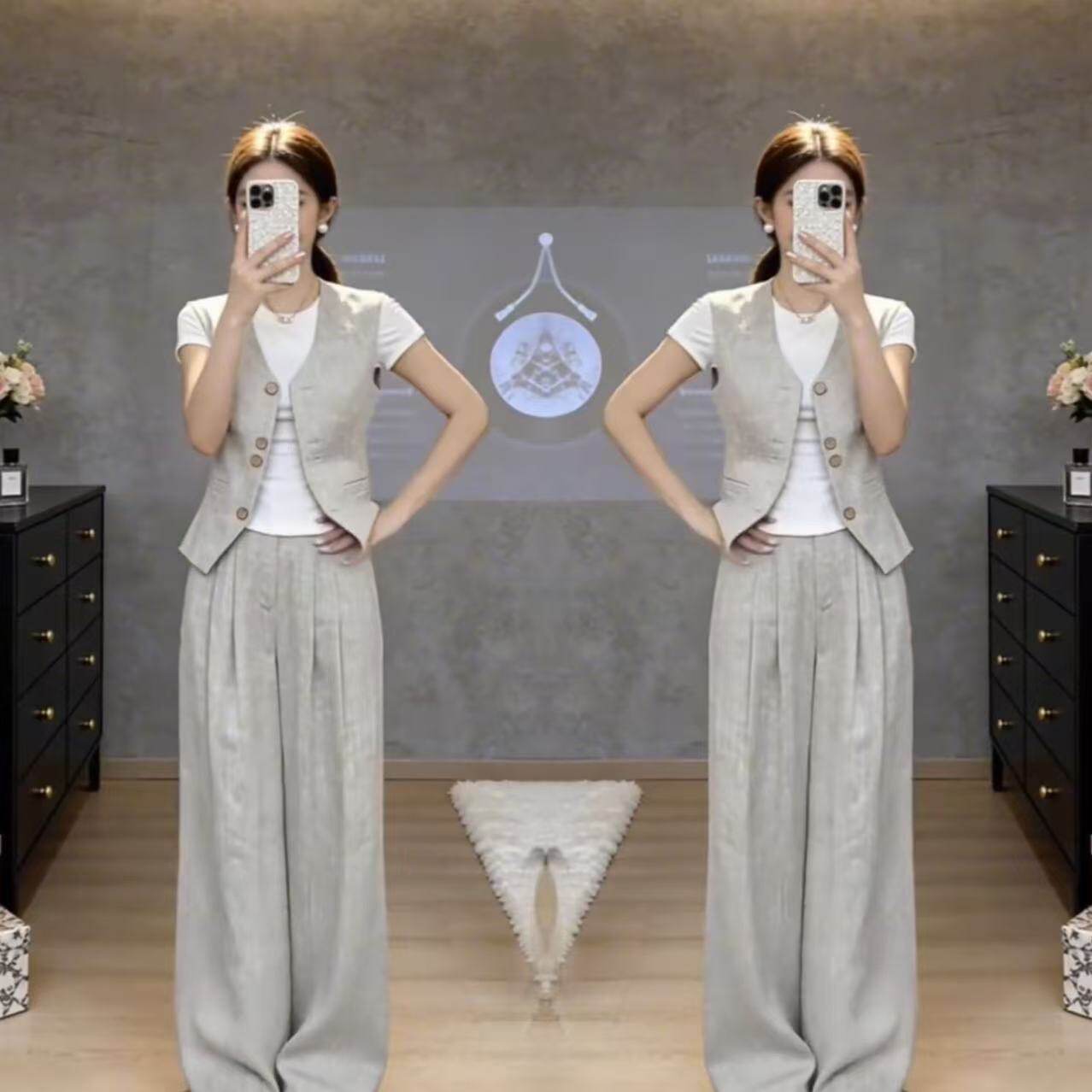 2026夏季新款女装穿搭减龄显瘦时尚休闲无袖马甲阔腿裤三件一整套