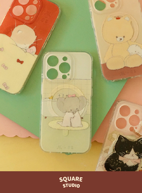 【平方Studio】皮革联名手机壳 艺术家原创可爱猫狗小象小熊手绘创意苹果iPhone磁吸支架