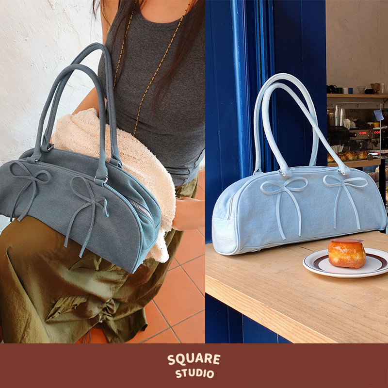 【平方Studio】时尚蝴蝶结法棍包 牛仔刺绣单肩手提腋下包