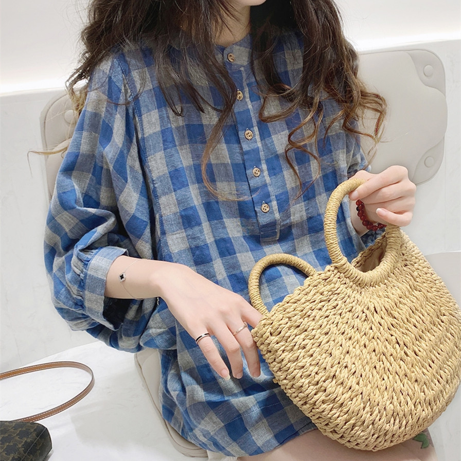 3立领格子衬衫女文艺休闲衬衣中袖棉麻上衣女夏蝙蝠袖宽松韩版套头