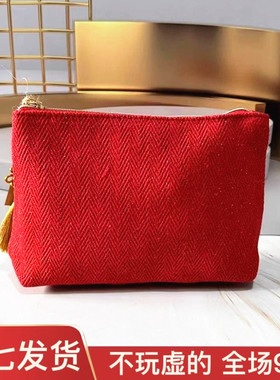 娇韵诗红色带闪化妆包金色中国结带编织纹理收纳包国风手拿包